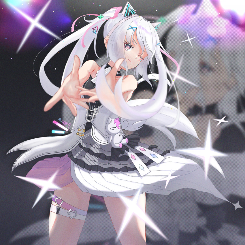 1girl animal_ears ascot bare_arms bare_shoulders black_collar closed_mouth clover clover_hair_ornament collar detached_collar dress fake_animal_ears four-leaf_clover frilled_dress frills glowstick grey_dress hair_ornament hairband highres idol karenina_(punishing:_gray_raven) long_hair one_eye_closed pink_eyes punishing:_gray_raven puyuyan sidelocks solo stuffed_animal stuffed_cat stuffed_toy thigh_strap triangle_hair_ornament twintails white_ascot white_hair x_hair_ornament