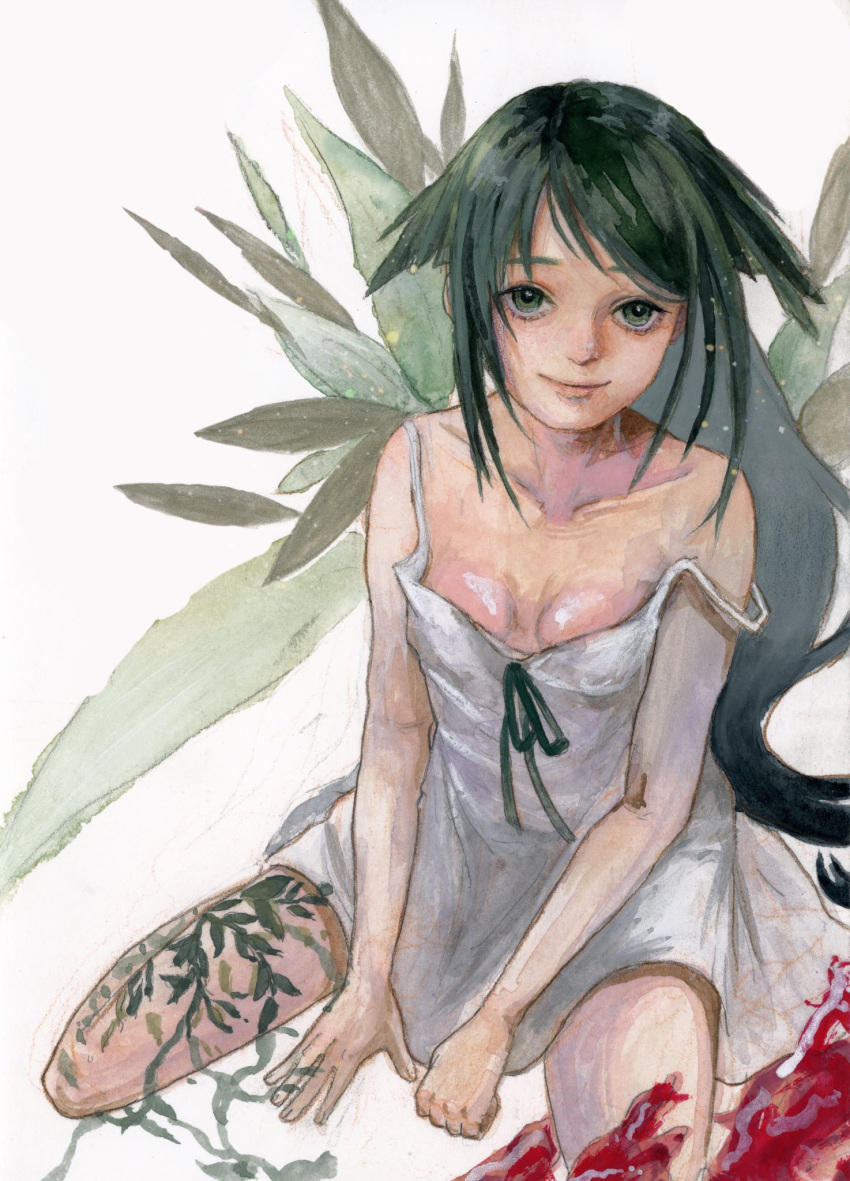 1girl bare_shoulders blood breasts dress green_eyes green_hair green_ribbon hair_flaps highres long_hair looking_at_viewer painting_(medium) plant ribbon saya_(saya_no_uta) saya_no_uta simple_background sitting small_breasts smile solo strap traditional_media vigload_leviael vines watercolor_(medium) white_background white_dress wings