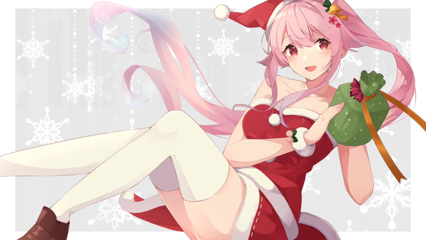 1girl bell blush breasts brown_footwear collarbone fur-trimmed_skirt fur_trim gift hair_bell hair_ornament harusame_(kancolle) hat highres holding holding_gift kantai_collection long_hair looking_at_viewer open_mouth pink_hair pom_pom_(clothes) red_eyes red_headwear red_skirt santa_costume santa_hat shakemi_(sake_mgmgmg) shoes side_ponytail skirt small_breasts smile snowflakes solo thighhighs white_thighhighs