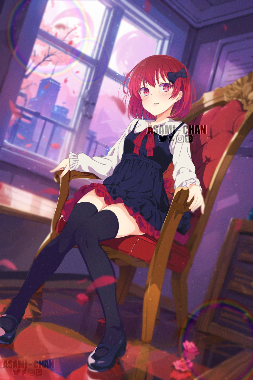 1girl absurdres arima_kana artist_name asami-chan black_bow black_dress black_footwear black_thighhighs blurry blurry_background blush bob_cut bow chair chromatic_aberration commentary dress fang film_grain frilled_dress frilled_sleeves frills full_body hair_bow highres lens_flare light_particles long_sleeves medium_hair mismatched_pupils oshi_no_ko pinafore_dress puffy_sleeves red_eyes red_hair shirt sidelocks sitting sleeveless sleeveless_dress solo star-shaped_pupils star_(symbol) symbol-shaped_pupils thighhighs watermark white_shirt window zettai_ryouiki