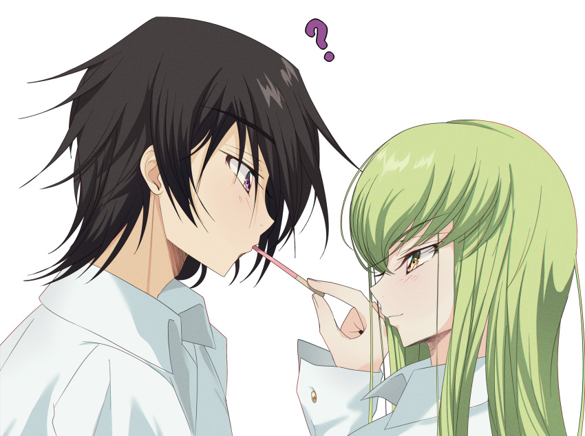 1boy 1girl ? assertive_female black_hair budgiepon c.c. close-up closed_mouth code_geass collared_shirt commentary_request couple eye_contact eyelashes food food_in_mouth from_side green_hair hair_between_eyes hand_up hetero highres lelouch_vi_britannia light_blush long_hair long_sleeves looking_at_another nose pocky pocky_in_mouth pocky_kiss profile purple_eyes shirt short_hair sidelocks simple_background smile spiked_hair straight_hair white_background white_shirt yellow_eyes