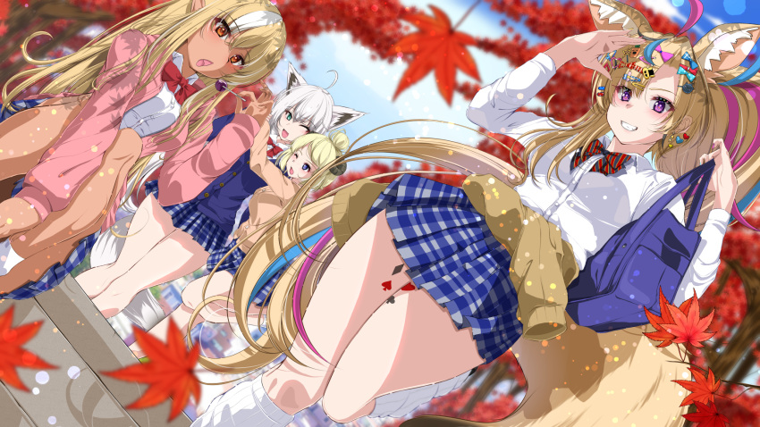 4girls ahoge animal_ear_fluff animal_ears autumn_leaves bakatare_(hololive) blonde_hair blue_eyes blue_skirt blue_vest breasts dark-skinned_female dark_skin fox_ears fox_girl fox_tail highres hiro_(phese) hololive horns large_breasts leg_tattoo long_hair looking_at_viewer medium_breasts multicolored_hair multiple_girls omaru_polka omaru_polka_(school_uniform) open_mouth orange_eyes pink_vest purple_eyes sheep_ears sheep_girl sheep_horns shirakami_fubuki shiranui_flare shiranui_flare_(4th_costume) shirt skirt smile streaked_hair tail tattoo tsunomaki_watame vest white_hair white_shirt