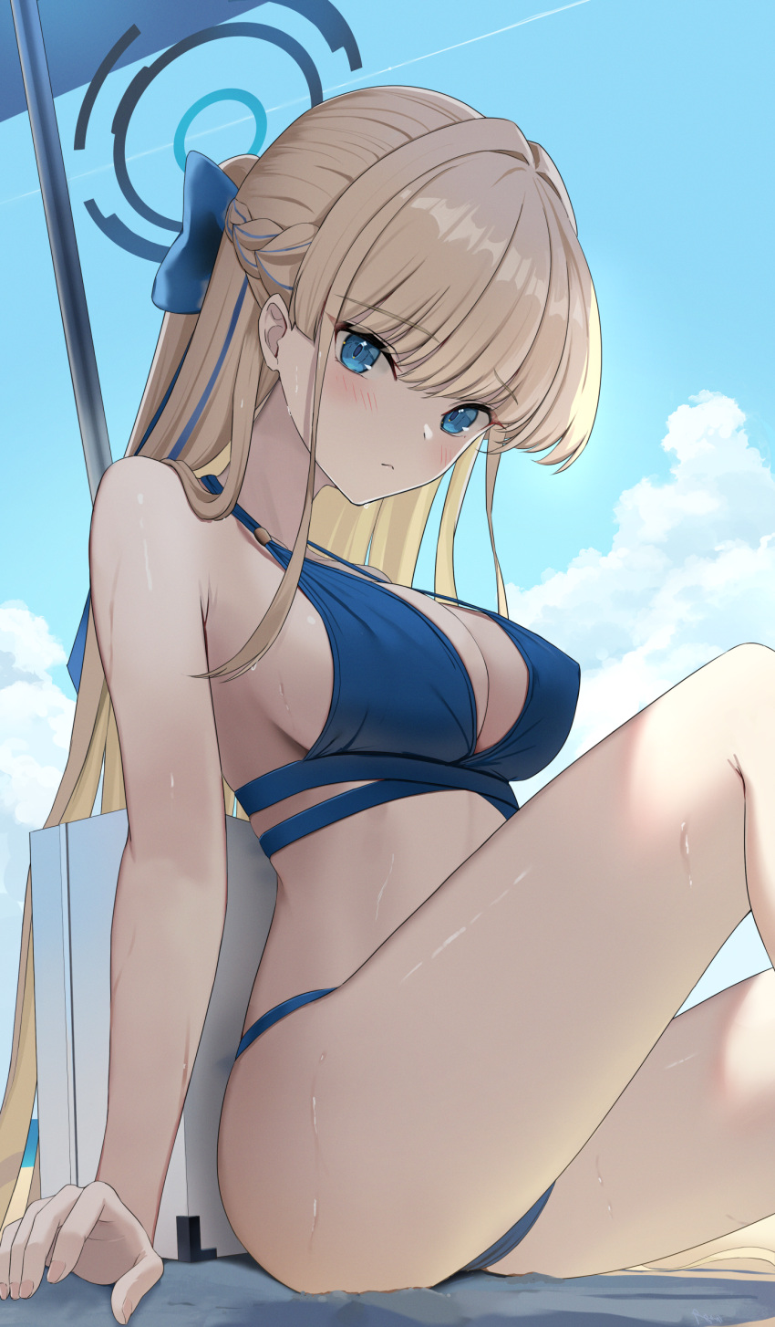 1girl absurdres beach_umbrella bikini blonde_hair blue_archive blue_bikini blue_eyes blue_sky blush braid breasts briefcase closed_mouth cloud commentary_request day halo highres knee_up may9 medium_breasts multicolored_hair outdoors sitting sky strap_gap streaked_hair swimsuit thighs toki_(blue_archive) umbrella wet