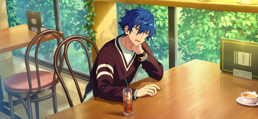 1boy arm_on_table blue_hair chair cup dark_blue_hair drinking_glass drinking_straw elbow_on_table ensemble_stars! hair_between_eyes hand_on_own_neck hand_up happy_elements leaf long_sleeves male_focus official_art open_mouth rouge&amp;ruby_(ensemble_stars!) sazanami_jun short_hair sitting solo table third-party_source upper_body v-neck watch window wristwatch yellow_eyes