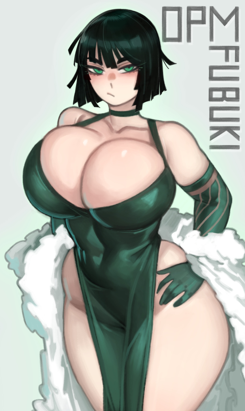 1girl absurdres breasts cleavage closed_mouth coat dress elbow_gloves fubuki_(one-punch_man) fur_coat gloves green_dress green_eyes green_gloves green_hair highres huge_breasts kelvin_hiu looking_at_viewer one-punch_man pelvic_curtain short_hair solo white_coat wide_hips