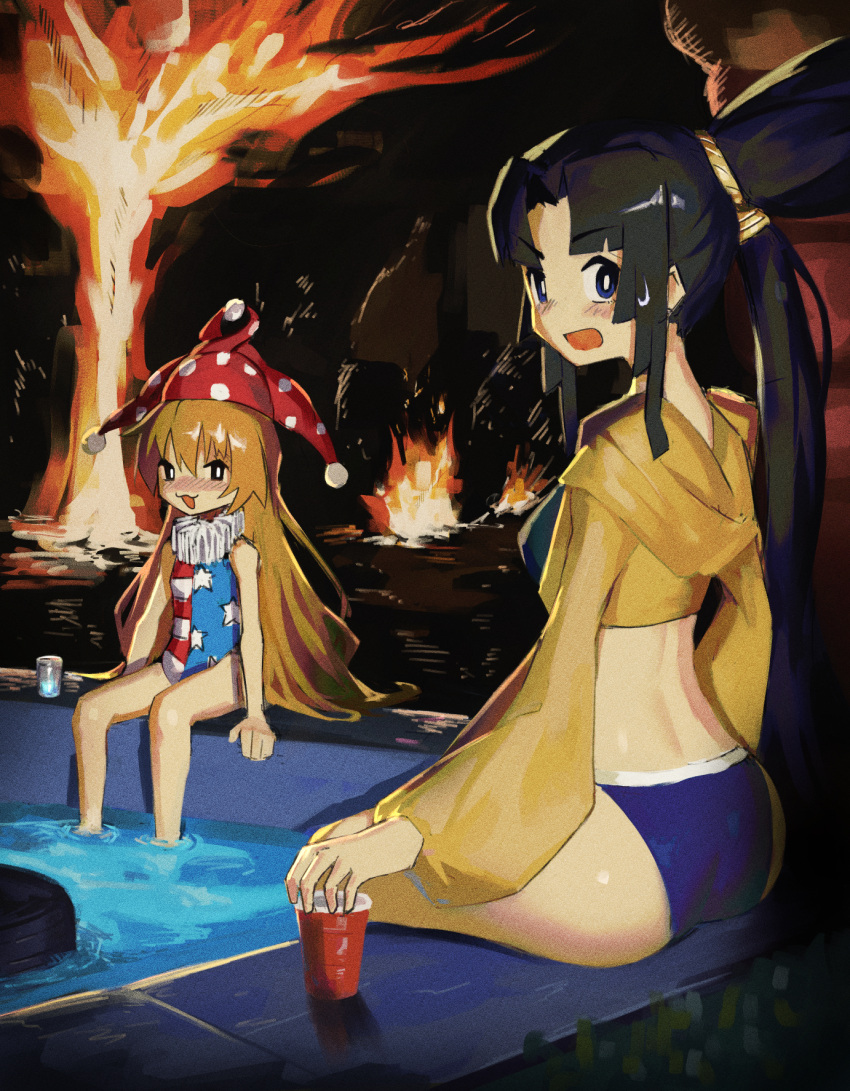 2girls american_flag_swimsuit bikini black_hair blue_bikini blue_eyes burning clownpiece cup disposable_cup fate/grand_order fate_(series) fire hat highres jester jester_cap light_brown_hair long_hair looking_at_viewer multiple_girls nyztsune outdoors polka_dot pool poolside sitting soaking_feet star_(symbol) star_print sweatdrop swimsuit touhou tree ushiwakamaru_(fate) ushiwakamaru_(swimsuit_assassin)_(fate) ushiwakamaru_(swimsuit_assassin)_(first_ascension)_(fate) water