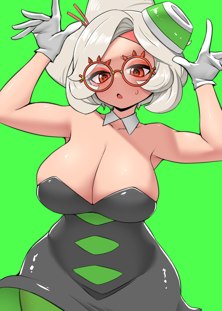 1girl absurdres alternate_costume bare_arms bare_shoulders black_dress black_skirt blush breasts cleavage collarbone cosplay detached_collar double_bun dress eyeshadow glasses gloves green_background green_pantyhose hair_bun hair_ornament hair_stick headband highres large_breasts makeup marie_(splatoon) marie_(splatoon)_(cosplay) pantyhose pero_(pero7762) purah red-framed_eyewear red_eyes red_eyeshadow red_headband round_eyewear sheikah short_dress skirt solo splatoon_(series) strapless strapless_dress sweat the_legend_of_zelda the_legend_of_zelda:_tears_of_the_kingdom white_gloves white_hair