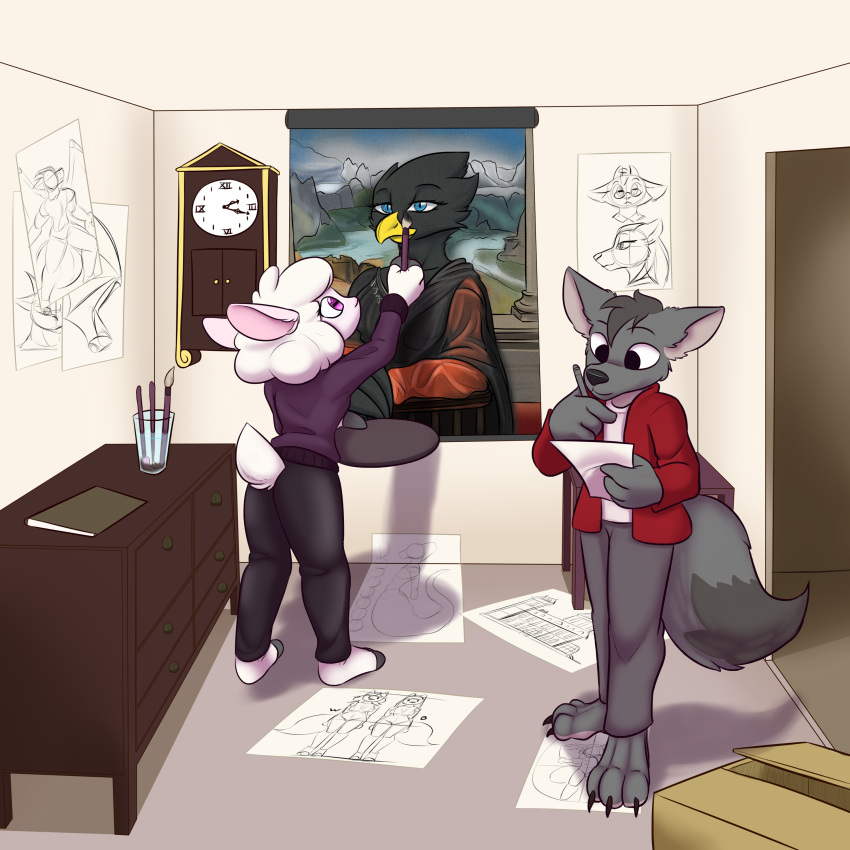 absurd_res anthro black_body black_eyes black_feathers brush cardboard claws clock dash_the_raven duo feathers fluffy fluffy_tail fumiko_the_wolf fur grey_body grey_fur group guide_lines hi_res hiro_the_goat holding_object holding_paper hooves humanoid jim_the_lamb long_tail looking_at_paper magnus_the_dragon notebook painting paper pink_eyes raised_tail sketch sketch_page tail thinking twtr wall_clock white_body white_fur white_wool wolf_(twtr) wool_(fur)