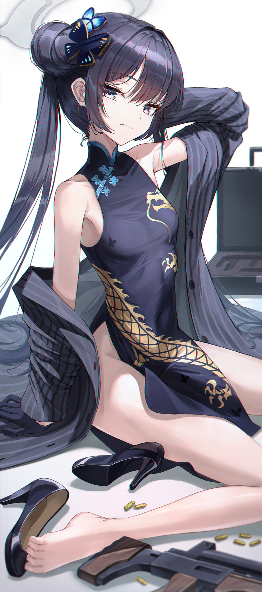 1girl absurdres bare_legs barefoot black_dress black_footwear black_gloves black_hair blue_archive breasts bullet butterfly_hair_ornament china_dress chinese_clothes commentary covered_navel double_bun dragon_print dress gloves grey_eyes hair_bun hair_ornament halo high_heels highres jacket k0a kisaki_(blue_archive) long_hair looking_at_viewer pelvic_curtain pinstripe_jacket pinstripe_pattern print_dress pumps shoes shoes_removed short_dress side_slit sleeveless sleeveless_dress small_breasts solo striped striped_jacket twintails vertical-striped_coat vertical-striped_jacket vertical_stripes white_background