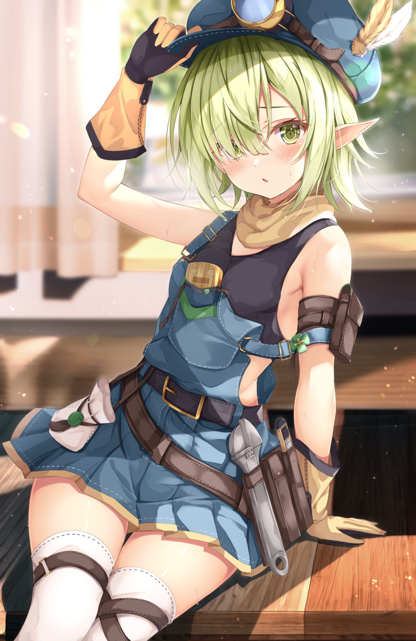 1girl absurdres aoi_(princess_connect!) arm_pouch arm_support arm_up belt black_belt black_gloves black_tank_top blue_headwear blue_overalls blurry blurry_background blush boxcutter breasts cabbie_hat crop_top curtains elf feathers gloves green_eyes green_hair hair_over_one_eye hat highres looking_at_viewer overall_skirt overalls pointy_ears princess_connect! rumiko_(rmeco) short_hair sitting skirt sleeveless small_breasts solo tank_top thigh_strap thighhighs two-tone_gloves white_thighhighs wrench yellow_gloves