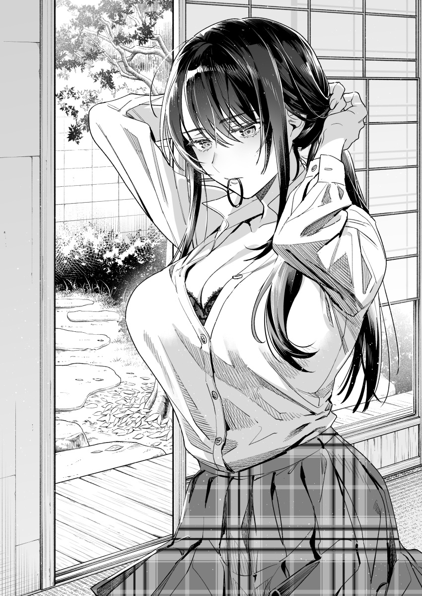 1girl absurdres adjusting_hair arms_behind_head arms_up black_hair blush breasts cleavage dressing garden greyscale hair_between_eyes hair_tie_in_mouth hajirau_kimi_ga_mitainda highres holding holding_hair honjou_kaho large_breasts long_hair mole mole_under_mouth monochrome mouth_hold partially_unbuttoned plaid plaid_skirt pleated_skirt school_uniform skirt sliding_doors tatami tree tying_hair uma_raclette veranda