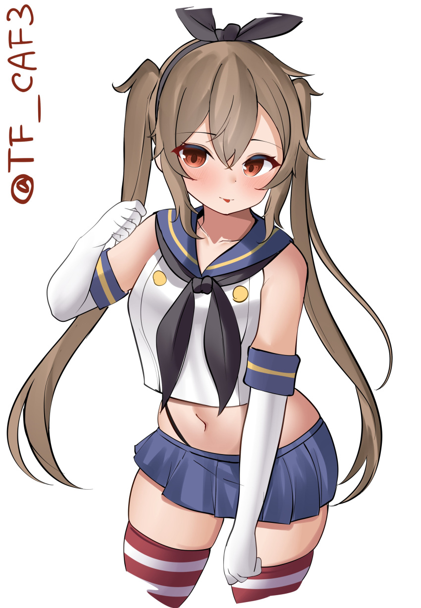 1girl absurdres alternate_costume black_hairband black_neckerchief black_panties black_ribbon blue_sailor_collar blue_skirt blush breasts brown_eyes cosplay cowboy_shot crop_top elbow_gloves gloves hair_flaps hair_ribbon hairband highleg highleg_panties highres kantai_collection light_brown_hair long_hair looking_at_viewer microskirt murasame_(kancolle) navel neckerchief panties ribbon sailor_collar shimakaze_(kancolle) shimakaze_(kancolle)_(cosplay) skirt solo striped striped_thighhighs tf_cafe thighhighs thong twintails twitter_username two_side_up underwear white_background white_gloves