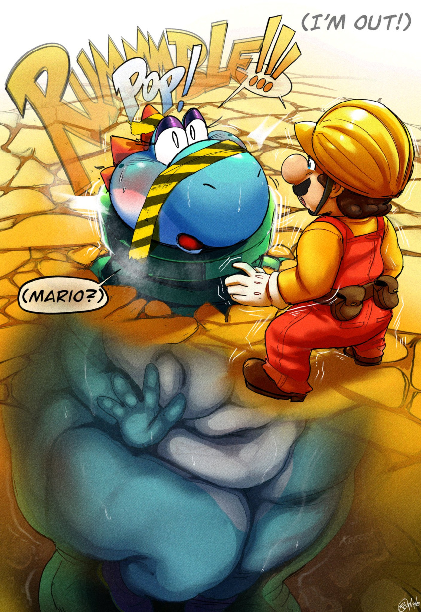 2023 anthro biped blush cyan_yoshi digital_media_(artwork) duo female hi_res male mario mario_bros navel nintendo nude open_mouth rchammer thick_thighs thought_bubble wide_hips yoshi