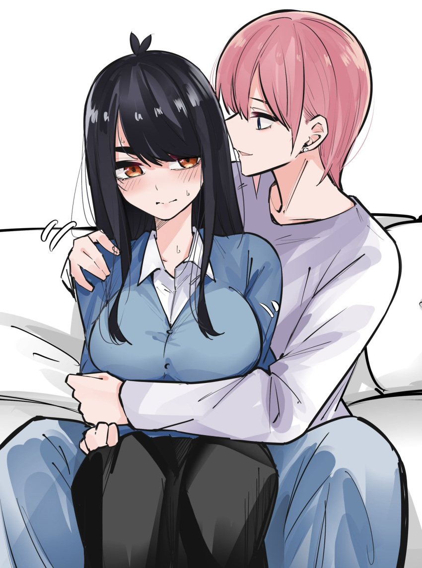 1boy 1girl antenna_hair arm_around_waist black_hair blue_cardigan blue_eyes blush breasts brown_hair cardigan casual closed_mouth commentary couch cowboy_shot dress_shirt earrings eyebrows_hidden_by_hair frown genderswap genderswap_(ftm) genderswap_(mtf) go-toubun_no_hanayome hair_between_eyes hand_on_another's_shoulder hetero highres hug hug_from_behind jewelry large_breasts long_hair long_sleeves looking_at_another looking_at_viewer mame1645 motion_lines nakano_ichika on_couch parted_lips pink_hair profile school_uniform shirt short_hair shy sidelocks simple_background sitting stud_earrings sweatdrop swept_bangs uesugi_fuutarou white_background white_shirt