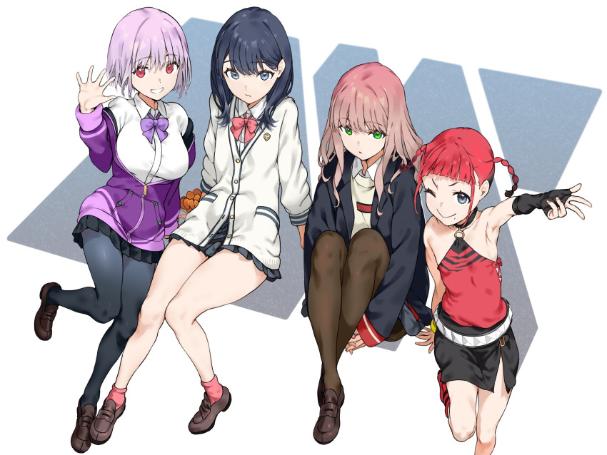 asukagawa_chise black_hair black_jacket black_pantyhose black_skirt blazer blue_eyes bow bowtie braid brown_hair cardigan detached_sleeves green_eyes gridman_universe haimura_kiyotaka highres jacket light_purple_hair microskirt minami_yume mole mole_under_mouth o-ring off_shoulder orange_scrunchie pantyhose purple_bow purple_bowtie purple_jacket red_bow red_bowtie red_hair red_socks scrunchie shinjou_akane single_detached_sleeve skirt socks ssss.dynazenon ssss.gridman takarada_rikka thighs twin_braids white_cardigan wrist_scrunchie