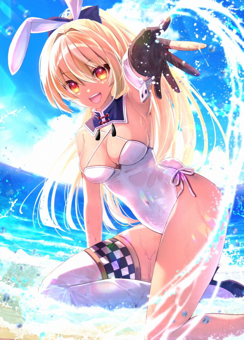 1girl :d absurdres alternate_costume animal_ears armpits beach black_footwear black_gloves blonde_hair blue_bow blue_sky blush bow breasts checkered_clothes cleavage cloud cloudy_sky covered_navel criss-cross_halter dark-skinned_female dark_skin day detached_collar fake_animal_ears fake_tail foot_out_of_frame foreshortening gloves hair_between_eyes hair_bow hair_intakes halterneck high_heels highres hololive kneeling leotard long_hair looking_at_viewer medium_breasts multicolored_hair ocean open_hand open_mouth outdoors outstretched_arm partially_fingerless_gloves playboy_bunny rabbit_ears rabbit_tail red_eyes shiranui_flare single_thighhigh sky smile solo splashing tail tassel thighhighs thighs tsurugi_hikaru two-tone_hair virtual_youtuber water wet wet_clothes wet_leotard white_hair white_leotard wrist_cuffs