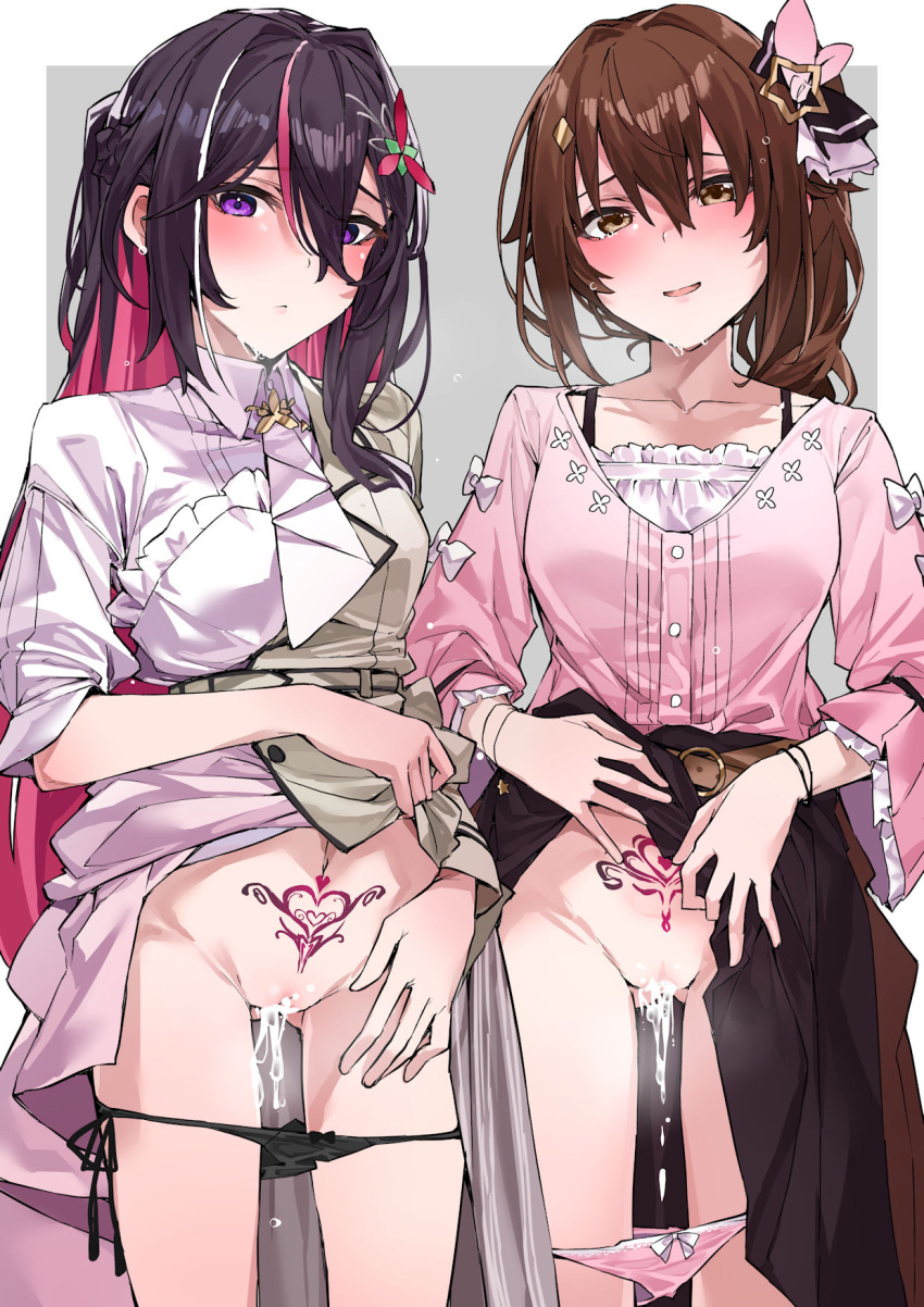 2girls azki_(4th_costume)_(hololive) azki_(hololive) black_hair black_panties blush bow bow_panties breasts brown_eyes brown_hair clothes_lift collarbone colored_inner_hair cum cum_in_pussy hair_between_eyes hair_flaps hair_intakes hair_ornament hair_ribbon hairclip highres hololive lifted_by_self long_hair long_sleeves multicolored_hair multiple_girls official_alternate_costume open_mouth panties pink_hair pink_panties pink_ribbon pubic_tattoo purple_eyes ribbon side_ponytail solo star_(symbol) star_hair_ornament streaked_hair tattoo tokino_sora tokino_sora_(3rd_costume) underwear virtual_youtuber yuukauta