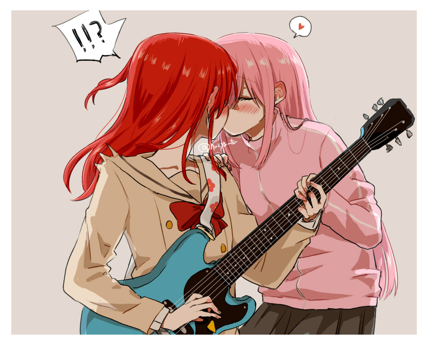 !? 2girls belt blush bocchi_the_rock! bow breasts closed_eyes commentary_request electric_guitar floral_print framed from_side gibson_les_paul gotou_hitori guitar hand_on_another's_shoulder heart highres holding holding_instrument huzya_ta instrument jacket kiss kita_ikuyo long_hair long_sleeves medium_hair multiple_girls music neckerchief pink_hair playing_instrument pleated_skirt ponytail red_hair school_uniform side_ponytail sidelocks signature simple_background skirt small_breasts surprise_kiss surprised track_jacket track_suit twitter_username upper_body yuri