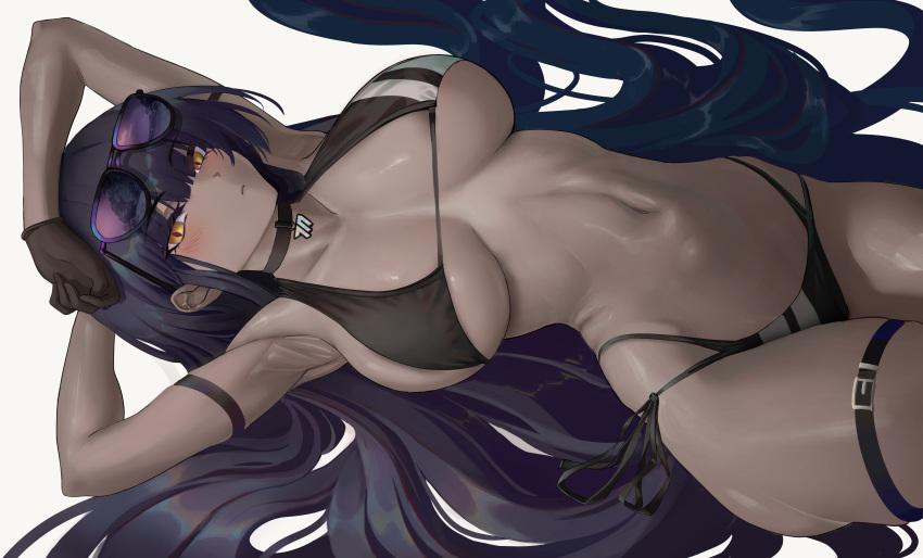 1girl abs absurdres arm_behind_head arm_up armpits arms_up b-pang bare_shoulders bikini black_bikini black_hair blue_archive blush breasts collarbone cosplay cowboy_shot dark-skinned_female dark_skin eyewear_on_head highres iori_(blue_archive) iori_(blue_archive)_(cosplay) iori_(swimsuit)_(blue_archive) karin_(blue_archive) large_breasts long_hair looking_at_viewer navel solo stomach sunglasses swimsuit thigh_strap very_long_hair yellow_eyes