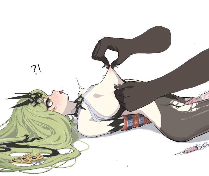 !? 1girl 1other ahegao anger_vein bare_shoulders bdsm black_gloves black_pantyhose blush bondage bound breasts disembodied_limb dress elbow_gloves gloves goseumgoseumdochi green_eyes green_hair highres hitachi_magic_wand honkai_(series) honkai_impact_3rd long_hair lying mobius_(honkai_impact) nipples on_back open_mouth pantyhose restrained sex_toy simple_background small_breasts solo_focus syringe tongue tongue_out torn_clothes torn_pantyhose v-shaped_eyebrows very_long_hair vibrator white_background white_dress