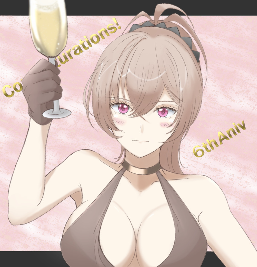 1girl absurdres anniversary azur_lane bare_shoulders black_dress black_gloves blush breasts brown_hair champagne_flute cleavage co-de collarbone congratulations cup dress drinking_glass gloves highres jean_bart_(azur_lane) jean_bart_(uninhibited_bloodstone)_(azur_lane) large_breasts long_hair looking_at_viewer ponytail purple_eyes sleeveless sleeveless_dress solo upper_body