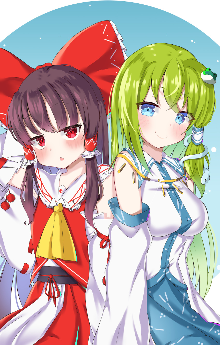 2girls absurdres ascot blue_eyes blue_skirt blush bow brown_hair closed_mouth commentary frog_hair_ornament green_hair hair_bow hair_ornament hair_tubes hakurei_reimu highres hoshizora_gabugabu kochiya_sanae long_hair looking_at_viewer medium_hair multiple_girls nontraditional_miko open_mouth red_bow red_eyes ribbon-trimmed_sleeves ribbon_trim shirt sidelocks skirt smile snake_hair_ornament touhou white_shirt yellow_ascot