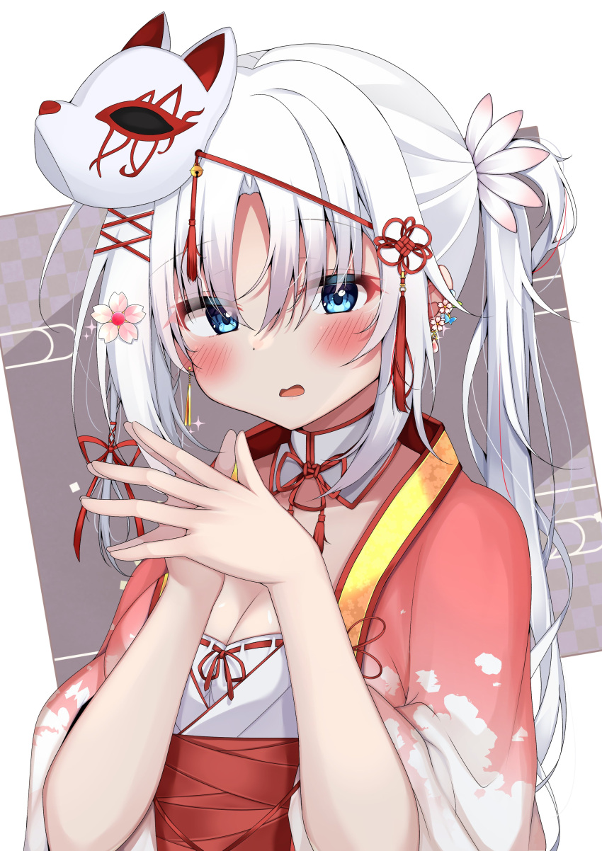 1girl absurdres blue_eyes blush breasts cleavage collar commentary detached_collar earrings eyelashes eyes_visible_through_hair flower fox_mask hair_between_eyes hair_flower hair_ornament hair_ribbon half_updo hands_up highres japanese_clothes jewelry kimono large_breasts long_hair long_sleeves looking_at_viewer mask open_mouth own_hands_together parted_bangs pink_kimono red_ribbon red_sash red_tassel ribbon sash senren_banka shy sidelocks simple_background solo sparkle steepled_fingers straight_hair tassel tassel_hair_ornament tomotake_yoshino twintails upper_body very_long_hair wavy_mouth white_background white_collar white_flower white_hair wide_sleeves yosh1na