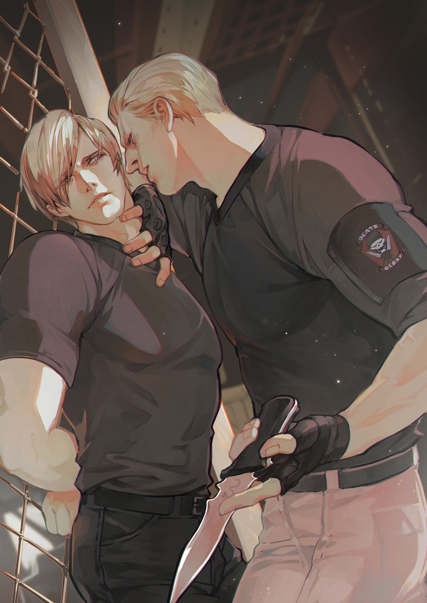 2boys arms_behind_back bara belt black_belt black_gloves black_pants black_shirt blonde_hair brown_hair curtained_hair fingerless_gloves gloves grey_pants highres holding holding_knife holding_weapon jack_krauser knife large_pectorals leon_s._kennedy looking_at_another male_focus multiple_boys muscular muscular_male pants pectorals resident_evil resident_evil_4 resident_evil_4_(remake) scar scar_across_eye scar_on_face scar_on_mouth shirt short_hair vetania weapon yaoi
