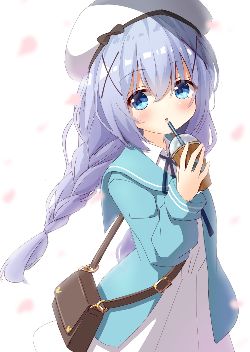 1girl azel_(laevateinn495) bag blue_eyes drink gochuumon_wa_usagi_desu_ka? hair_between_eyes hair_ornament highres kafuu_chino long_hair necktie shoulder_bag solo white_background white_headwear x_hair_ornament