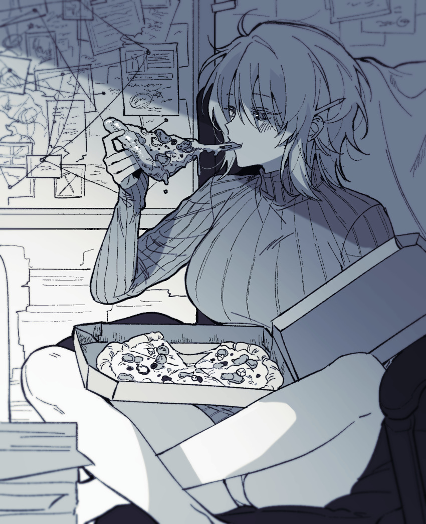 1girl blue_theme blush bottomless breasts bulletin_board chair crossed_legs eating faust_(limbus_company) food highres holding holding_food large_breasts limbus_company long_sleeves looking_to_the_side monochrome office_chair panties paper paper_stack pencil_behind_ear pizza pizza_box project_moon solo string string_chart svkp sweater swivel_chair turtleneck turtleneck_sweater underwear