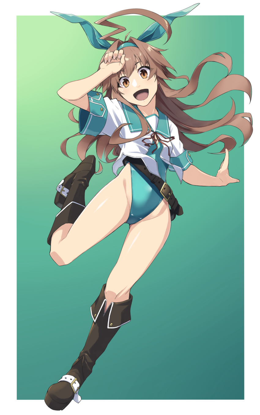 1girl absurdres adapted_costume ahoge alto-00 aqua_sailor_collar belt border breasts brown_hair green_background green_sailor_collar highres huge_ahoge kantai_collection kuma_(kancolle) kuma_kai_ni_(kancolle) leotard leotard_under_clothes long_hair open_mouth playboy_bunny sailor_collar sailor_shirt shirt skirt small_breasts smile white_border