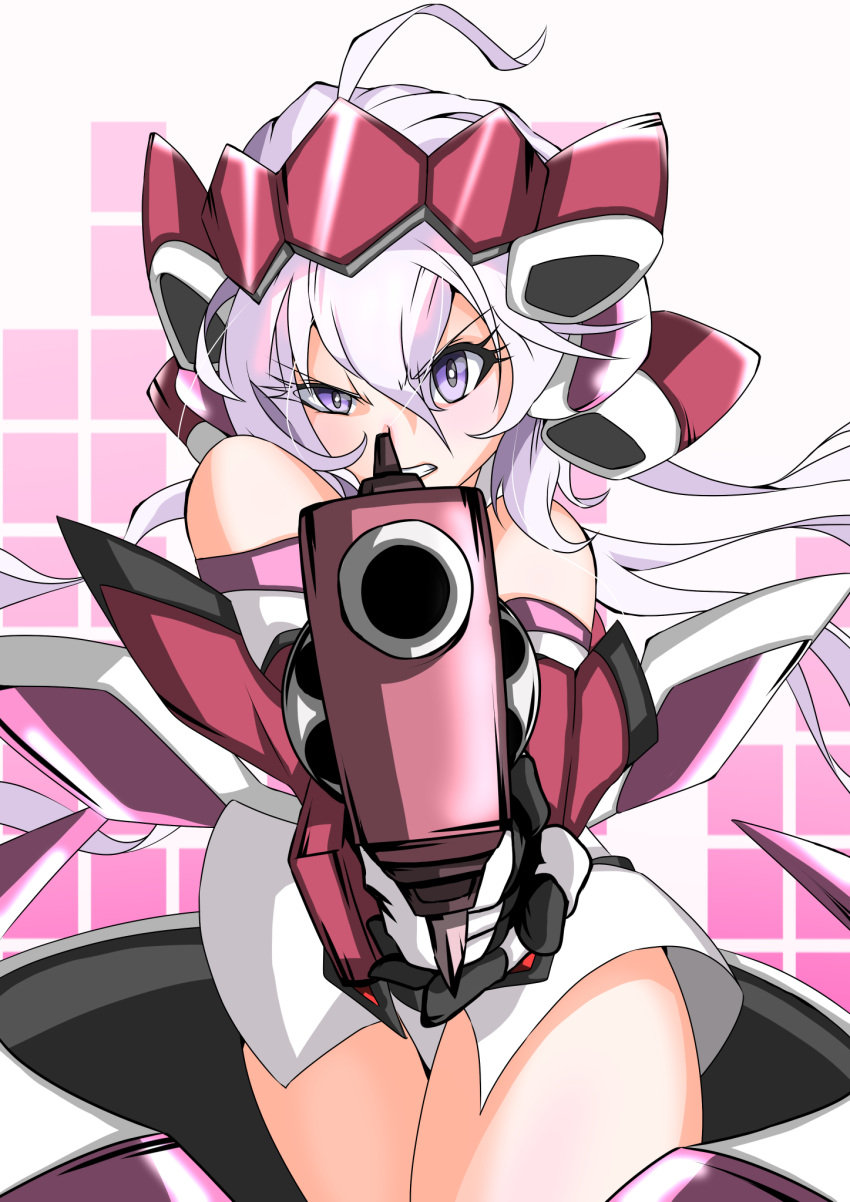 1girl ahoge bare_shoulders elbow_gloves gloves grey_hair gun hair_between_eyes handgun headgear headphones highres holding holding_gun holding_weapon purple_eyes senki_zesshou_symphogear thighs twintails weapon yukine_chris zukki_(bijitaru)