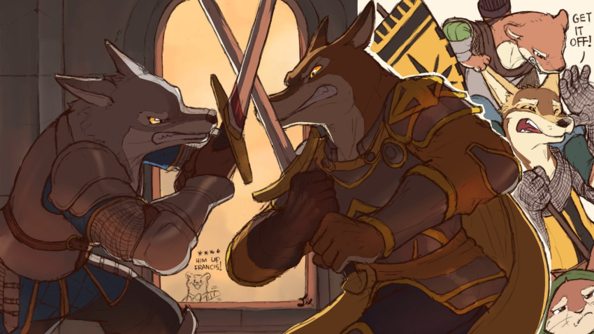 ambiguous_gender anthro armor banners_of_ruin canid canine cape chainmail cheering clenched_teeth clothed clothing dahecksajerry fight fur group headgear male mammal melee_weapon mouse murid murine mustelid musteline profanity rodent sword teeth text true_musteline weapon weasel yellow_eyes