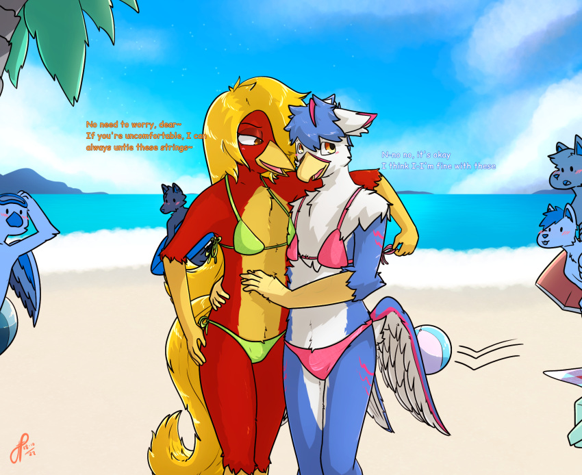 anthro avian beach beak being_watched bikini bird chrysolophus clothed clothing crossdressing feathers fridaylugia galliform glori_gamebird golden_pheasant gryphon hair hi_res long_hair long_tail looking_at_another mythological_avian mythology nero_(fridaylugia) phasianid red_body red_feathers seaside swimwear tail yellow_beak yellow_body yellow_feathers