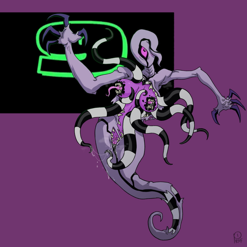 1_eye 2023 alien ben_10 bodily_fluids breasts cartoon_network claws ectonurite female front_view full-length_portrait genital_fluids genitals ghost ghostfreak grey_body hi_res humanoid monster monstrous_humanoid not_furry portrait profannytea purple_background pussy pussy_juice simple_background solo spirit tentacles