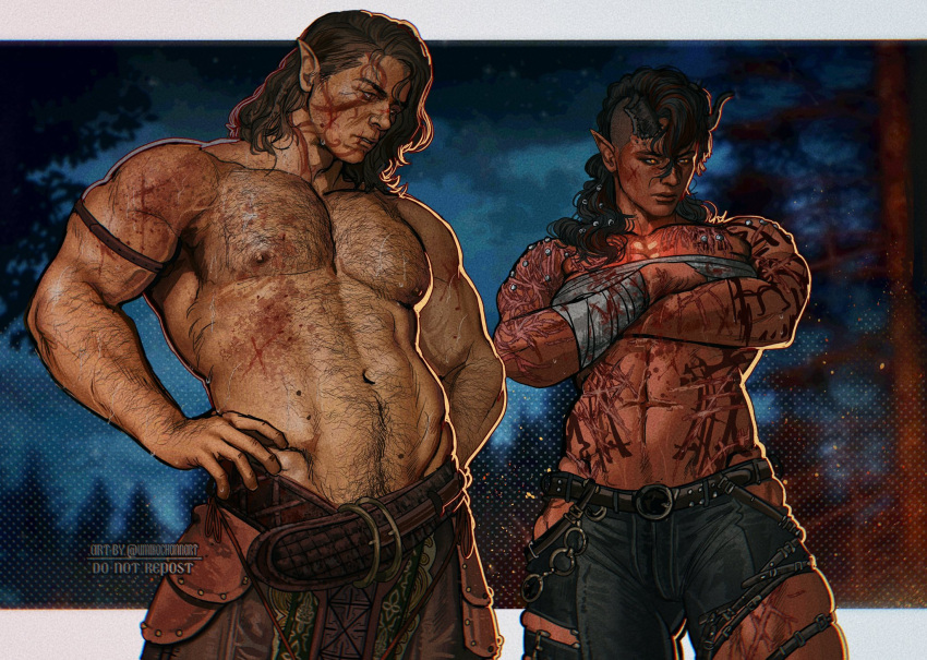 1boy 1girl abs arched_back arm_hair asymmetrical_hair baldur's_gate baldur's_gate_3 bara belt blood brown_hair bruise character_request chest_hair chest_sarashi colored_skin dark-skinned_male dark_skin demon_girl denim dungeons_and_dragons elf embers forest hairy halsin hand_hair highres injury jeans large_pectorals leather mature_male medium_hair muscular muscular_male nature navel_hair night night_sky nipples pants pectorals pointy_ears red_skin sarashi sidecut skindentation sky thick_eyebrows thighs topless_male tree umikochannart undercut