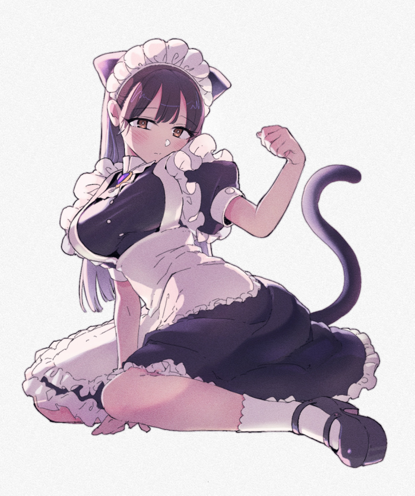 1girl alternate_costume apron between_legs black_dress black_footwear black_hair blush boku_no_kokoro_no_yabai_yatsu brown_eyes cat_tail dress ena1215 enmaided fake_tail full_body hand_between_legs highres long_hair maid maid_apron maid_headdress paw_pose puffy_short_sleeves puffy_sleeves shoes short_sleeves simple_background sitting socks solo tail white_background white_socks yamada_anna