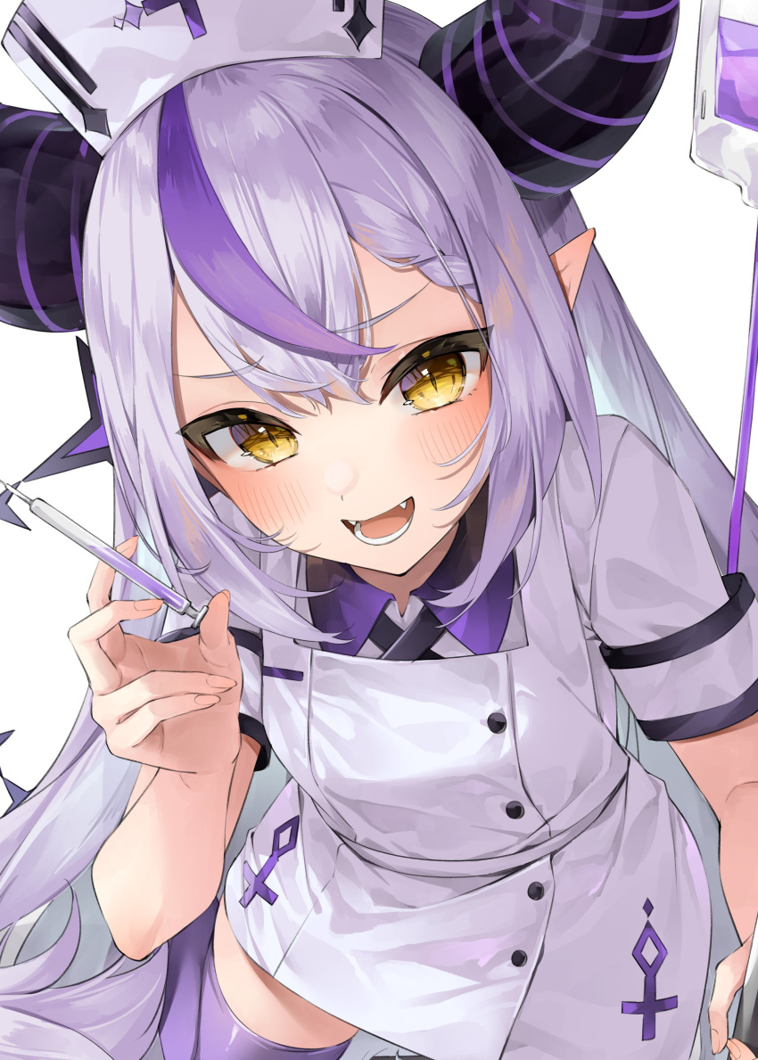 1girl absurdres ahoge black_horns braid braided_bangs grey_hair hat highres holding holding_syringe hololive horns izumi_kei la+_darknesss long_hair looking_at_viewer multicolored_hair nurse nurse_cap open_mouth pointy_ears purple_hair purple_thighhighs smile solo streaked_hair striped_horns syringe thighhighs virtual_youtuber yellow_eyes