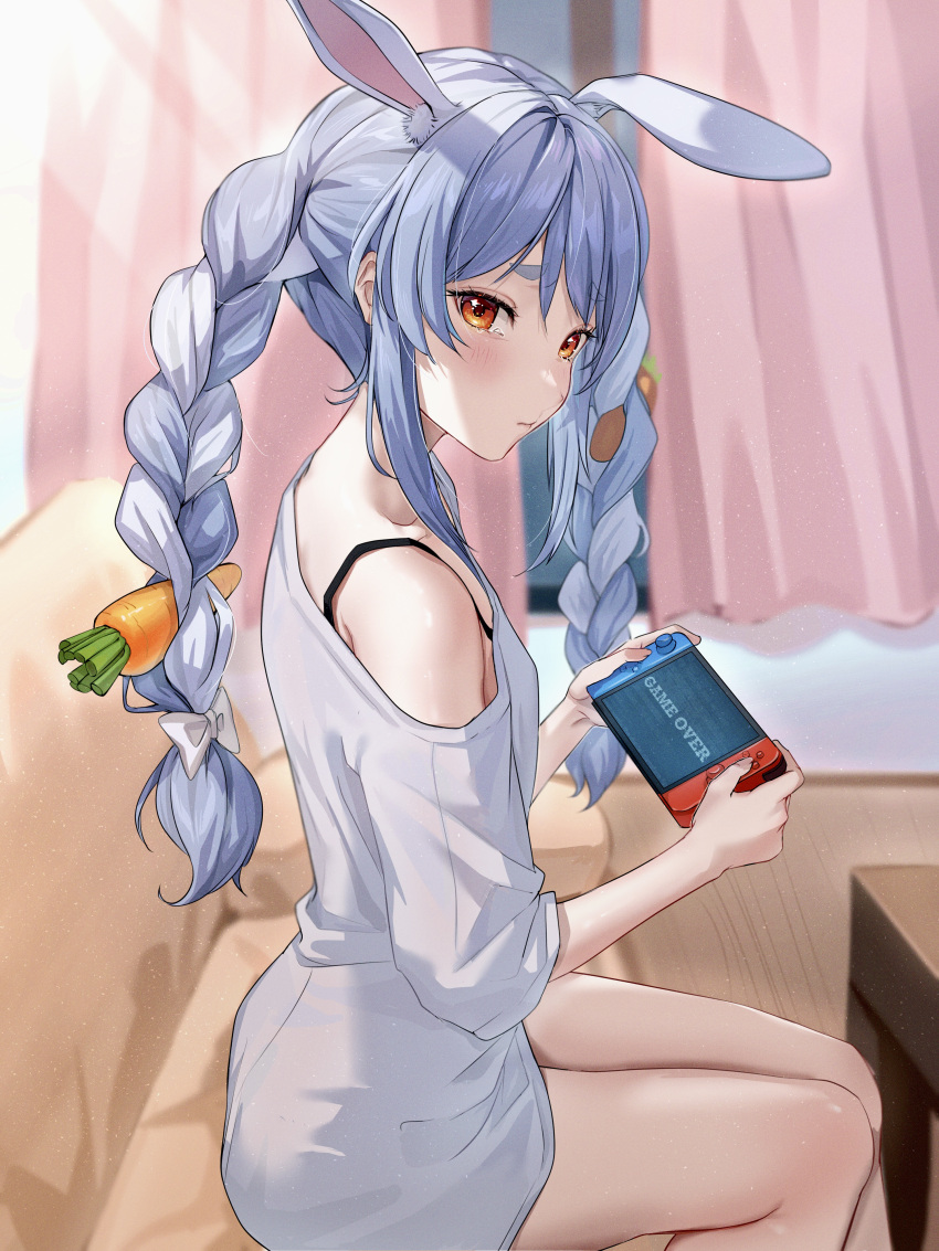 1girl absurdres animal_ear_fluff animal_ears baggy_clothes blue_hair bow bra_strap braid carrot carrot_hair_ornament closed_mouth commentary_request couch food-themed_hair_ornament game_over hair_bow hair_ornament handheld_game_console highres holding holding_handheld_game_console hololive indoors long_hair looking_at_viewer monokawa_(iurl1z) nintendo_switch on_couch rabbit_ears rabbit_girl red_eyes shirt sidelocks sitting solo tearing_up tears thick_eyebrows twin_braids usada_pekora virtual_youtuber white_bow white_hair white_shirt