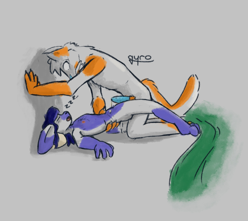 anthro bedding blanket bodily_fluids breasts citrus_(character) claws dipstick_ears dipstick_tail duo fangs felid female flat_chested frost_(gyrodoodle) fur genital_fluids genitals gloves_(marking) grabbing_waist grinding gyrodoodle hi_res lagomorph leaning_on_wall leaning_over leg_markings leporid male mammal markings multicolored_ears nude open_mouth penis pillow precum rabbit saber-toothed_tiger sabertooth_(anatomy) sex simple_background size_difference sleep_sex sleeping small_breasts smilodon snoring socks_(marking) tail tail_markings teeth