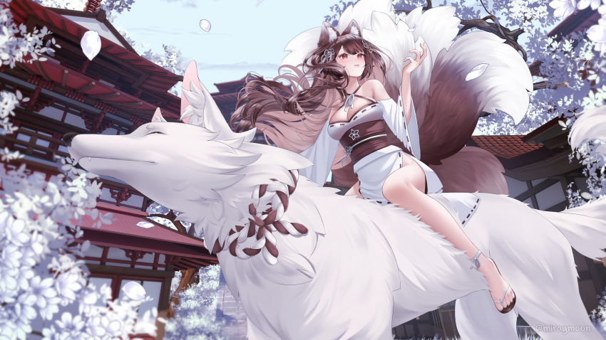 1girl absurdres animal_ears breasts brown_eyes brown_fur brown_hair cleavage day fox fox_ears fox_tail foxplushy highres house indie_virtual_youtuber japanese_clothes kimono large_breasts miraymoon multiple_tails outdoors sash sitting_on_animal snow tail tree virtual_youtuber white_fur white_kimono