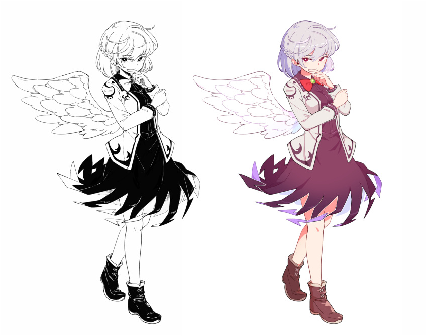 1girl brown_footwear closed_mouth dress feathered_wings full_body grey_hair grey_jacket highres jacket kishin_sagume maguro_(mawaru_sushi) multiple_views open_clothes open_jacket purple_dress red_eyes shoes short_hair simple_background single_wing touhou white_background white_wings wings