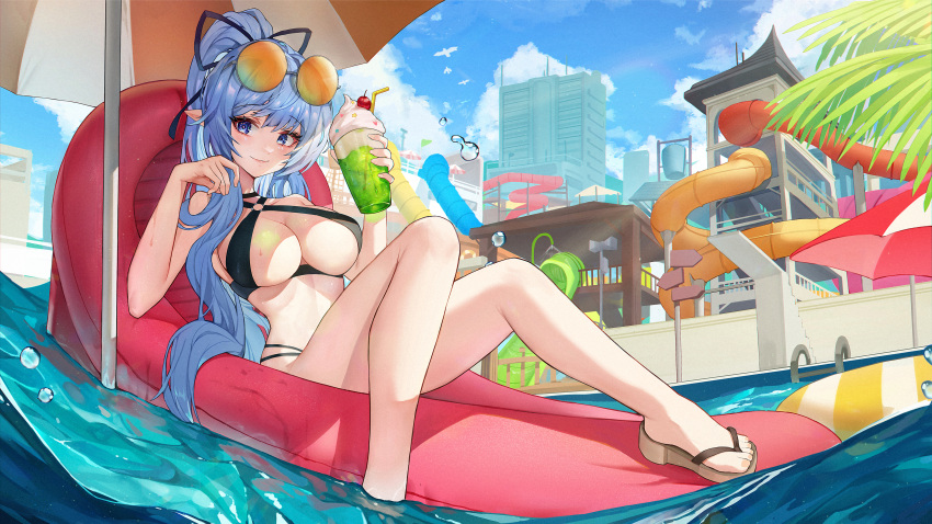 1girl absurdres bare_arms bare_legs bare_shoulders beach_umbrella bikini black_bikini black_choker blue_eyes blue_hair breasts choker cleavage commission criss-cross_halter day eyewear_on_head hair_ribbon halterneck high_ponytail highres holding inflatable_raft josal knees_up large_breasts long_hair looking_at_viewer lying multi-strapped_bikini o-ring o-ring_bikini o-ring_top on_back original outdoors pointy_ears ponytail reclining ribbon round_eyewear slippers smile solo string_bikini sunglasses swimsuit thighs tropical_drink umbrella very_long_hair water water_slide wet