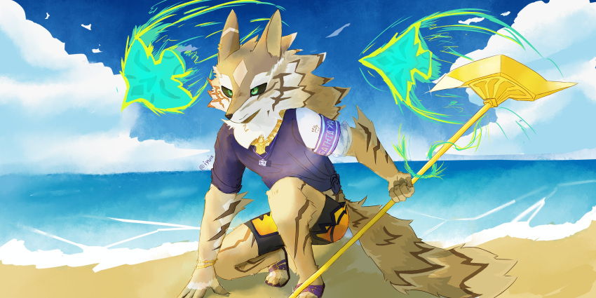 2023 absurd_res anthro beach black_sclera canid canine canis clothing fur gold_(metal) gold_jewelry green_eyes hi_res holding_object holding_weapon iyuix06 jackal jewelry lifewonders male mammal melee_weapon sand sea seaside seth_(tas) shirt sky solo striped_body striped_fur stripes swimwear t-shirt tail tokyo_afterschool_summoners topwear water weapon