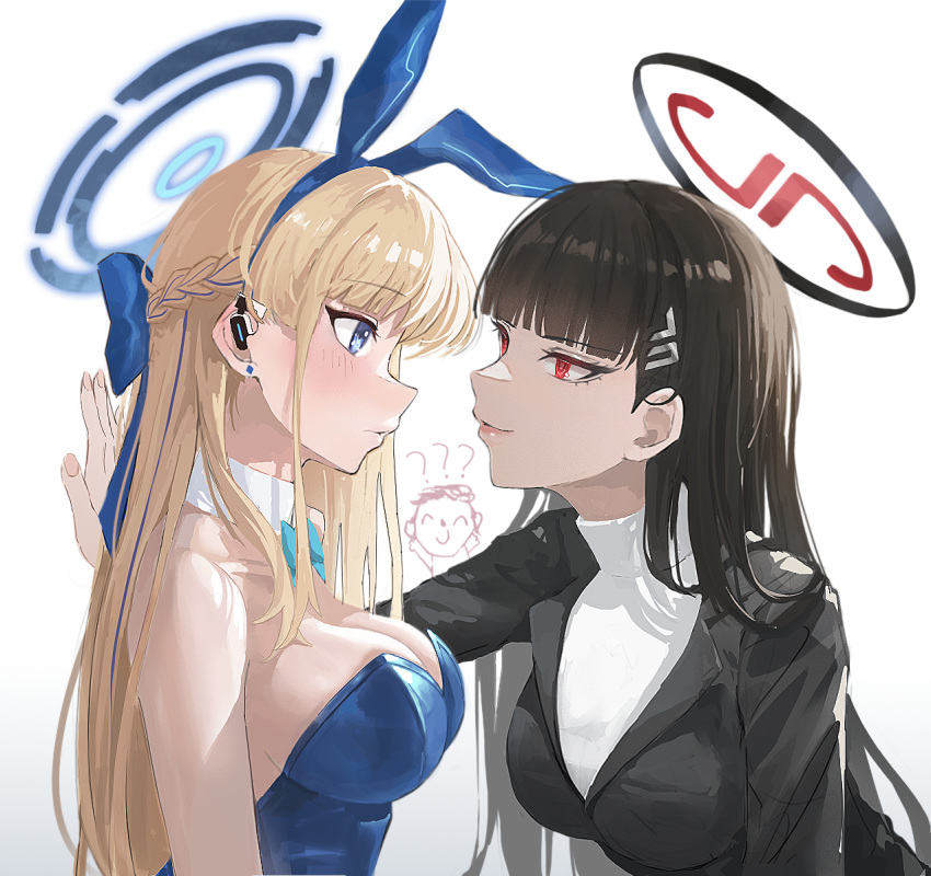 1boy 2girls ? ?? animal_ears arona's_sensei_doodle_(blue_archive) bare_shoulders black_hair black_jacket blazer blonde_hair blue_archive blue_eyes blue_hairband blue_leotard blunt_bangs blush bow bowtie braid breasts detached_collar earpiece earrings face-to-face fake_animal_ears from_side hair_bow hair_ornament hairband hairclip halo invisible_wall jacket jewelry kabedon large_breasts leotard lips long_hair looking_at_another lordry multicolored_hair multiple_girls parted_lips playboy_bunny rabbit_ears red_eyes rio_(blue_archive) sensei_(blue_archive) simple_background streaked_hair stud_earrings sweater toki_(blue_archive) toki_(bunny)_(blue_archive) turtleneck turtleneck_sweater upper_body white_background white_sweater