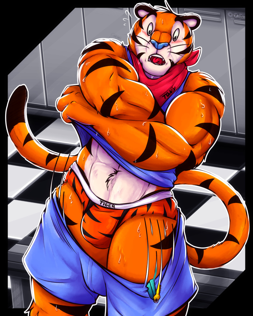 abs absurd_res aktiloth anthro blue_nose blush bodily_fluids bottomwear bottomwear_pull bulge clothed clothing clothing_pull felid feline frosted_flakes fur hankerchief hi_res kellogg's key keychain locker_room male mammal markings mascot muscular muscular_anthro muscular_male orange_body orange_fur pantherine partially_clothed pattern_clothing pattern_underwear shirt shorts shorts_down shorts_pull simple_background striped_body striped_clothing striped_fur striped_markings striped_tail striped_underwear stripes sweat tail tail_markings tank_top tiger tony_the_tiger topwear underwear undressing undressing_self wardrobe_malfunction whiskers