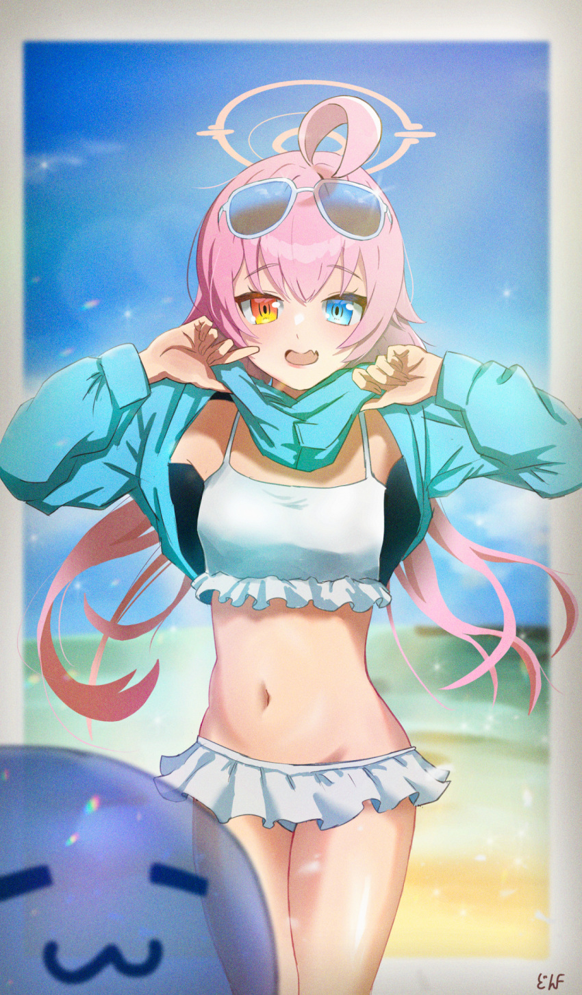 1girl aqua_hoodie beach bikini blue_archive blue_eyes blue_sky blurry blush border breasts commentary_request depth_of_field eyewear_on_head fang feet_out_of_frame frilled_bikini frills halo heterochromia highres hoshino_(blue_archive) hoshino_(swimsuit)_(blue_archive) long_hair long_sleeves looking_at_viewer ocean official_alternate_costume open_mouth pink_hair pink_halo skin_fang sky small_breasts smile solo standing sunglasses swimsuit twintails udon_f undressing white_bikini white_border yellow_eyes