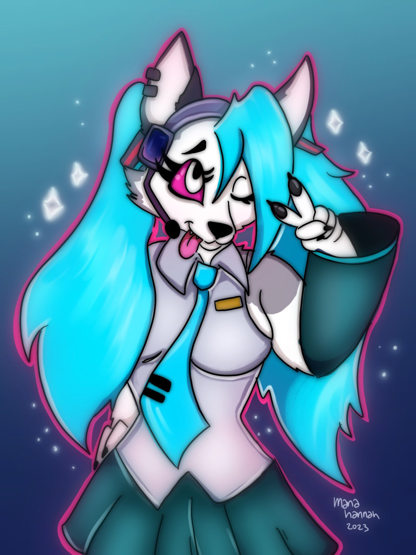 anthro canid canine canis cosplay crossover crossover_cosplay female hatsune_miku helluva_boss hi_res loona_(helluva_boss) mammal mana_hannah solo vocaloid wolf
