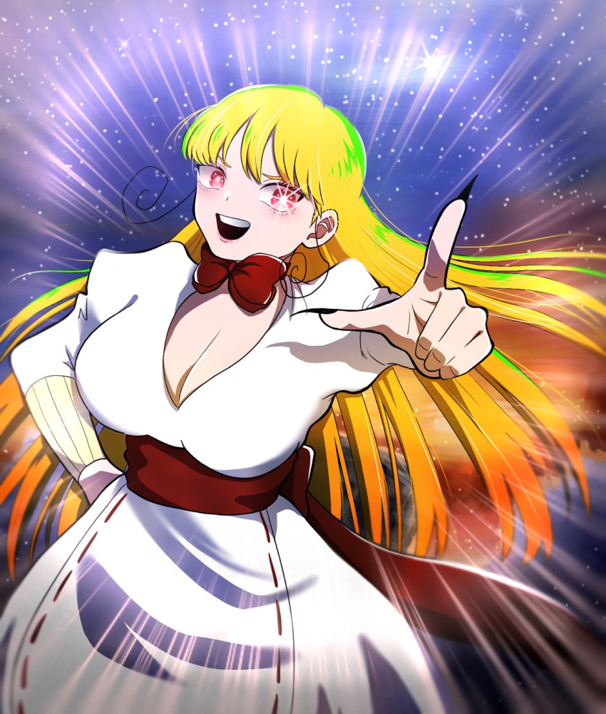 1girl :d black_nails blonde_hair bow breasts cleavage dress fabricant_100 fabricant_number_100 hand_on_own_hip highres large_breasts long_hair long_sleeves looking_at_viewer medemedenomi pointing red_bow red_eyes smile sparkling_eyes standing very_long_hair white_dress