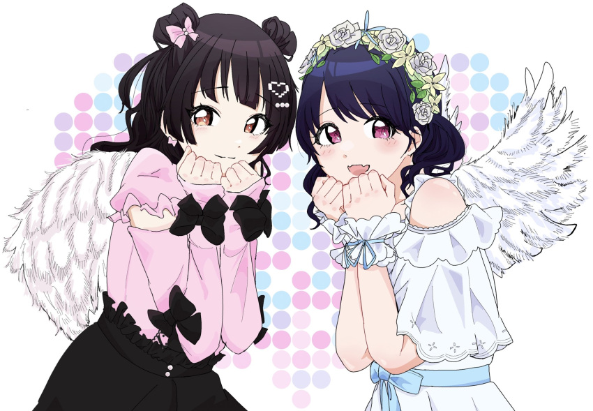 2girls angel_wings artist_request black_hair black_skirt blunt_bangs brown_eyes commentary_request double_bun dress fangs flower_wreath fukumaru_koito hair_bun highres idolmaster idolmaster_shiny_colors long_hair long_sleeves looking_at_viewer mayuzumi_fuyuko multiple_girls pink_shirt purple_eyes shirt skin_fangs skirt swept_bangs twintails upper_body white_dress wings wrist_cuffs